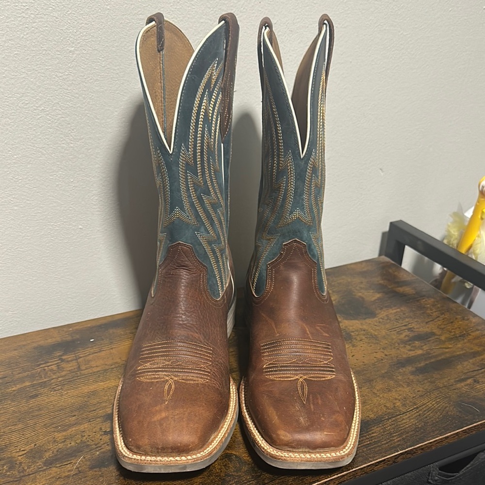 Ariat Brown and Blue Cowboy Boots with Square Toe